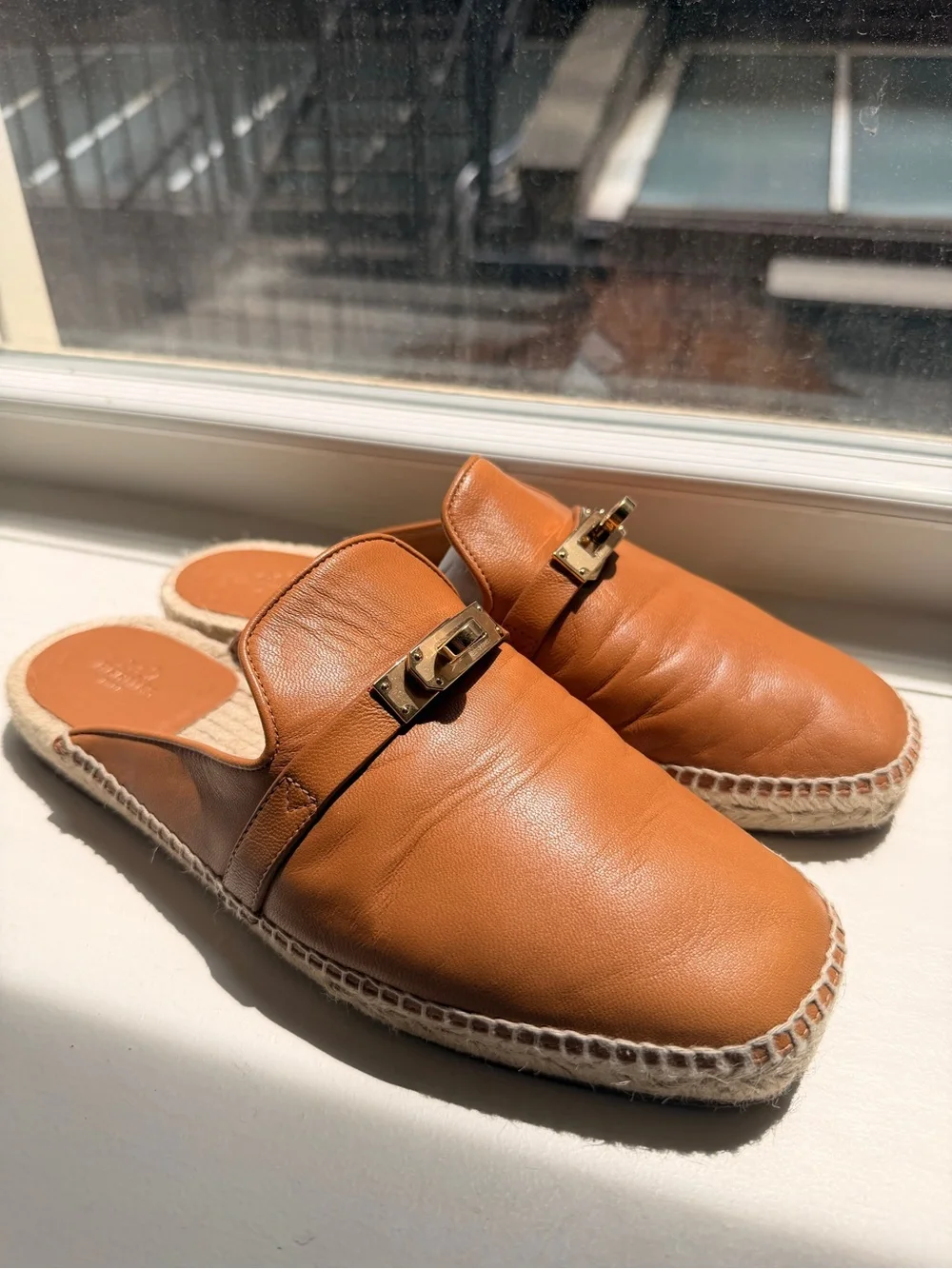 Hermes Tan Leather Espadrille Mules with Gold Hardware